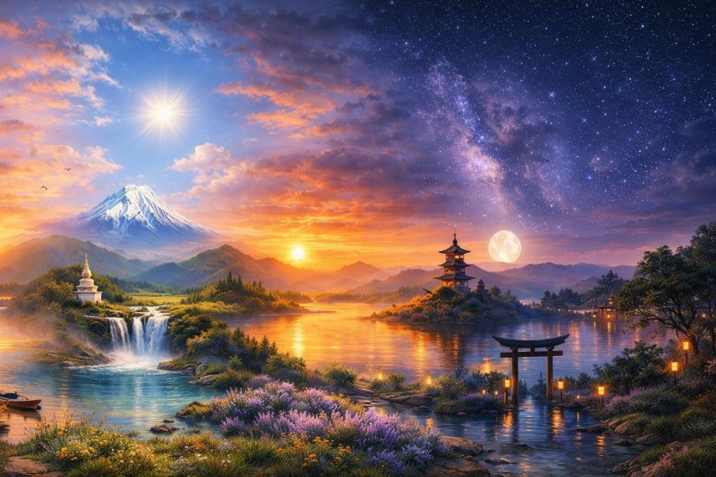 A vibrant landscape showing a mountain, waterfall, river, flowers, and temples under both sun and moonlight