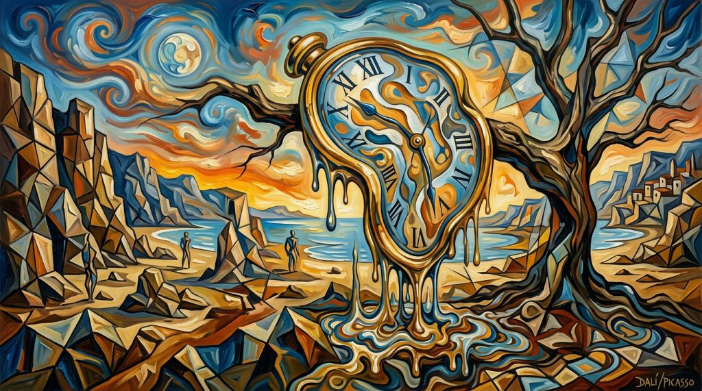 Melting clock with Roman numerals hanging from tree branch in surreal landscape
