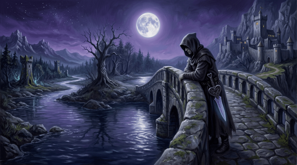 Hooded person leaning on stone bridge railing overlooking river at night with glowing sword and distant castle