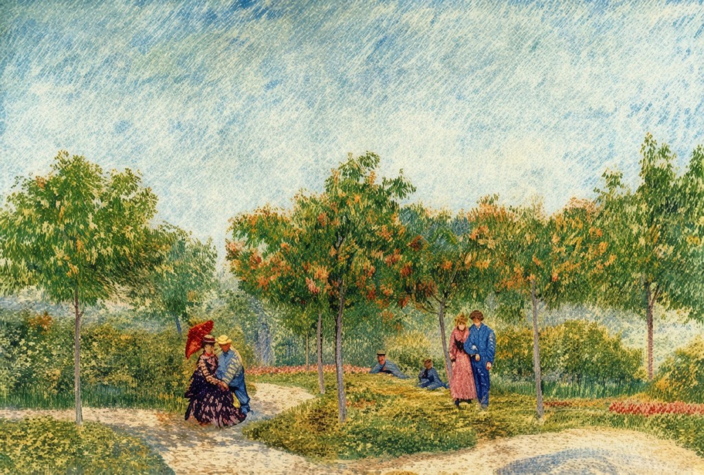 Image: Vincent van Gogh’s Couples in the Voyer d'Argenson Park at Asnières -  https://www.vggallery.com/painting/p_0314.htm 